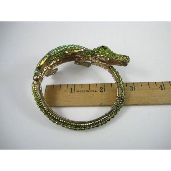 Gold Tone Crocodile Green Crystal Hinged Bangle Bracelet Sparkly Jewelry - Picture 5 of 12